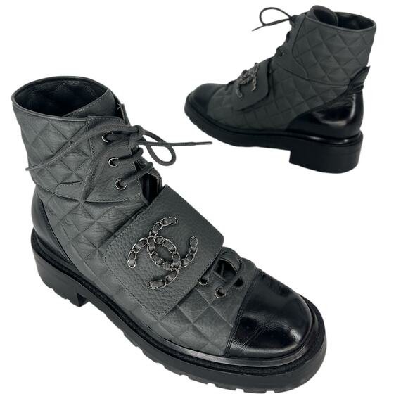 Chanel 2022 CC Chain Quilted Cap Toe Logo Combat Boots in Gray & Black - Picture 1 of 15